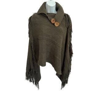 Leto Collection Fringe Poncho Wrap Olive Green One Size Bohemian Boho Hippie